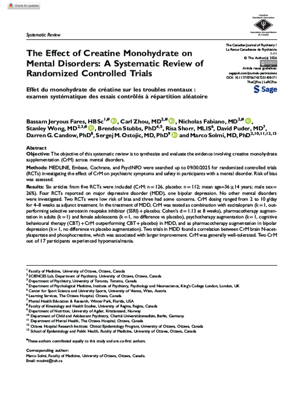 The Effect of Creatine Monohydrate on Mental Disorders: A Systematic Review of Randomized Controlled Trials
