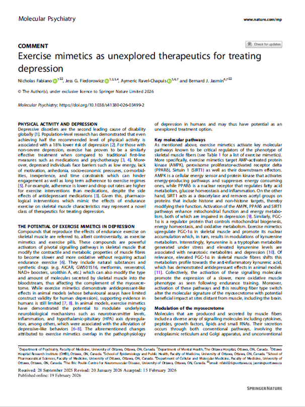 Exercise mimetics as unexplored therapeutics for treating depression
