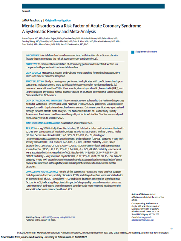 Mental Disorders as a Risk Factor of Acute Coronary Syndrome A Systematic Review and Meta-Analysis