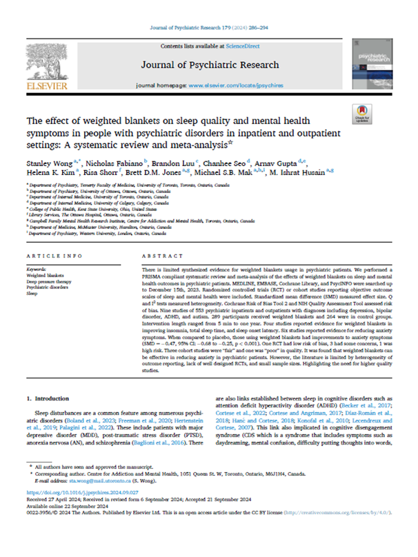 The effect of weighted blankets on sleep quality and mental health symptoms in people with psychiatric disorders in inpatient and outpatient settings: A systematic review and meta-analysis